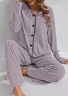 Herbst und Winter Warm Helllila Gestrickt V-Ausschnitt Knopf Strickjacke Gerippt Langarm Hose Zuhause gut schlafen Zweiteiliges Set