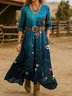 Damen Geblümt Frühling/Herbst Kleid V-Ausschnitt Langarm H-Linie Kleid