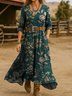 Damen Geblümt Frühling/Herbst Kleid V-Ausschnitt Langarm H-Linie Kleid