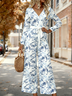 Damen Botanisch Muster V-Ausschnitt Langarm Elegant Frühling/Herbst Jumpsuit